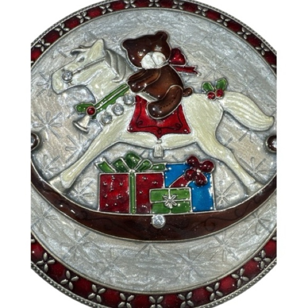 Vintage Christmas Jeweled Enameled Trinket Box Mirror Inside Rocking Horse - Picture 5 of 7
